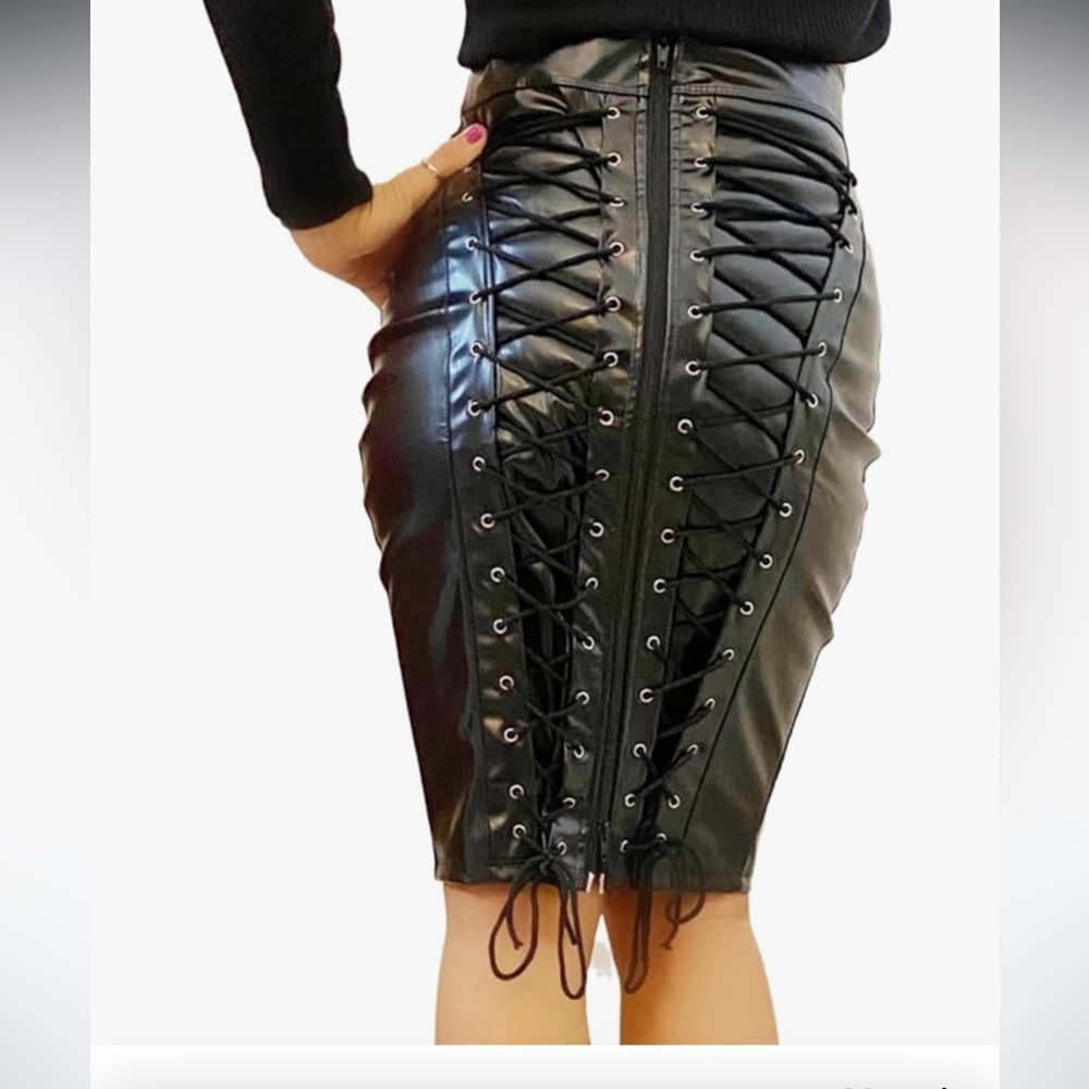 Long skirt black vegan faux leather corset strap lace up pencil goth fetish punk